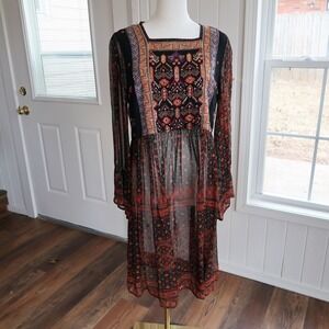 Akemi Kin Anthropologie Womens Embroidered Beaded Sheer Midi Dress S Boho Folk